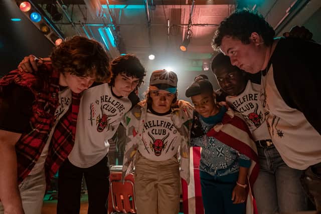 (L to R) Finn Wolfhard as Mike Wheeler, Gaten Matarazzo as Dustin Hendrson and Priah Ferguson as Erica Sinclair in Stranger Things (Pic: Tina Rowden/Netflix):