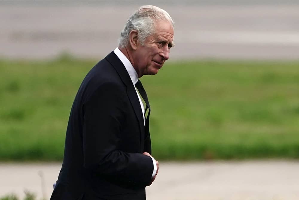 King Charles III at Aberdeen Airport as he travels to London with the Queen following the death of Queen Elizabeth II on Thursday. Picture date: Friday September 9, 2022.