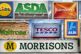 BRISTOL, ENGLAND - NOVEMBER 18:  In this composite image, the logos of the UK’s leading supermarkets (Left to right from top row) Lidl, Asda, Sainsbury’s (Middle row left to right) Waitrose, Tesco and Aldi and bottom row Morrisons (Photo by Matt Cardy/Getty Images)