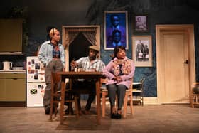  Jessica Whitehurst as Anita, Wayne Rollins as Vince and Josephine Melville as Maggie in Nine Night at Leeds Playhouse. Picture: by Sharron Wallace
