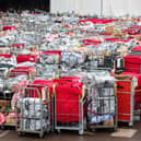 Letter and parcels pile up outside the Royal Mail centre in Bristol. Due to the postal strike along with the busy festive period lots of cages are seen outside the mail centre. Many of these parcels have been left outside for at least 17 hours.