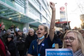 Nurses and supporters gather outside University College Hospital before marching to Downing Street after a day of strike action on December 20 2022 in London. (Photo by Dan Kitwood/Getty Images)