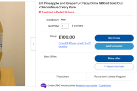  A fan is selling a 500ml bottle of Lilt drink for £100 which they brand as “very rare”. 