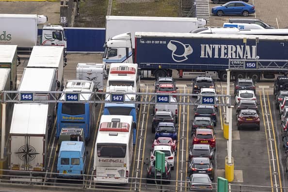 Archive image of trucks and passenger vehicles waiting to board ferries to France at the Port of Dover Ltd. in Dover, UK. Jason Alden/Bloomberg via Getty Images