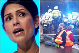 Home Secretary Priti Patel (left) will unveil plans to tackle disruptive protesters including those from Insulate Britain (right) (Pictures: Getty Images and Insulate Britain)