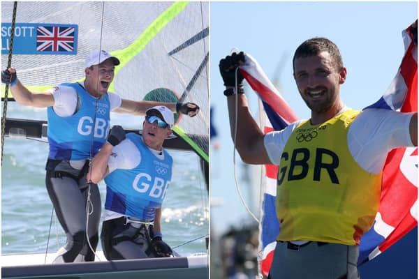 Dylan Fletcher and Stuart Bithell (left) claimed the narrowest of victories in the 49er before Giles Scott (right) successfully defended his Finn title (Getty Images)