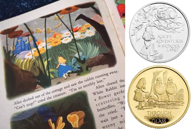 One coin features the scene where Alice meets the Cheshire Cat, while the other stars the twins Tweedledum and Tweedledee (Photo: Shutterstock/PA Media)