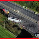 Emergency services at the scene of a coach crash on the M53 motorway, between junction 5 at Ellesmere Port and junction 4 at Bebbington. 