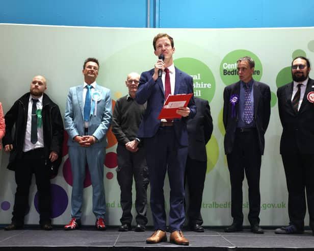 Alistair Strathern gives his victory speech in Mid Bedfordshire. Credit: Getty