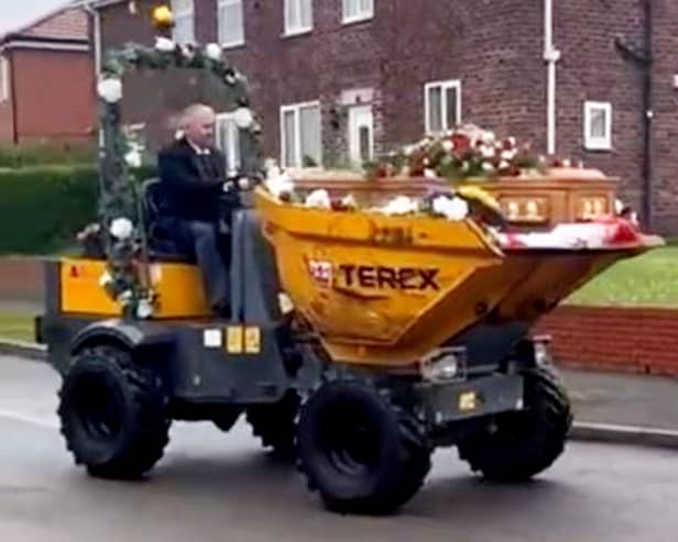 Dave Newton's funeral with his coffin in a dumper truck. 