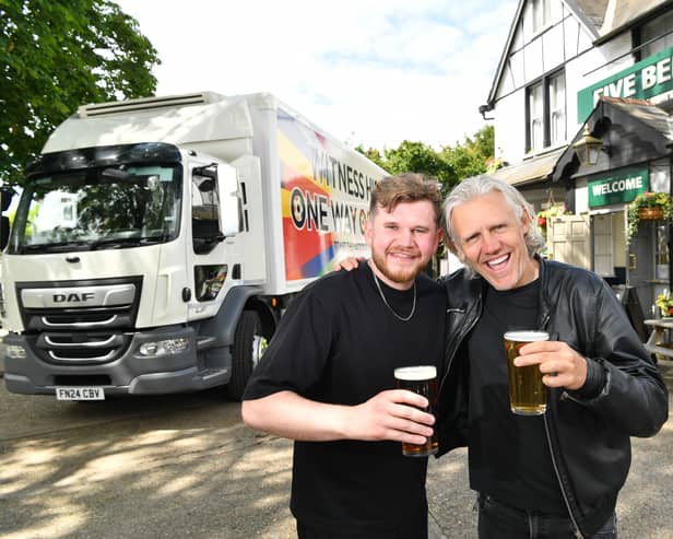 Statman Dave and Jimmy Bullard promote free pints at Greene King pubs to mark the start of Euro 2024 Picture: Greene King 
