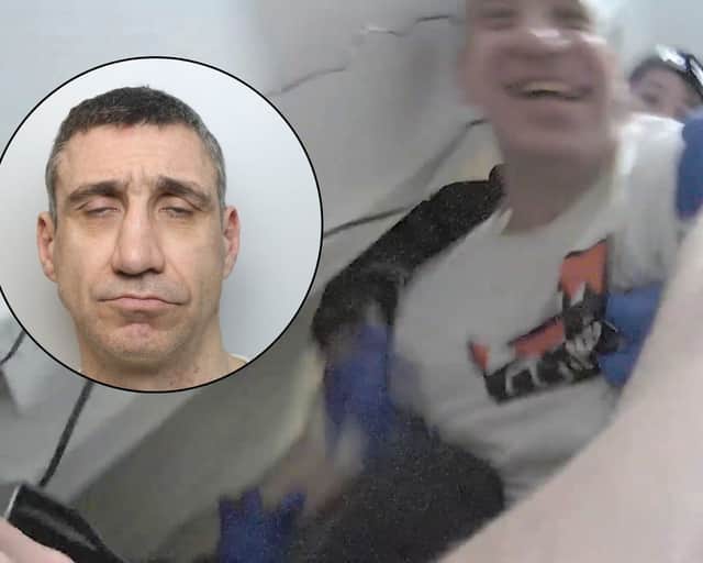 Gordon Finnlayson, 39, filmed laughing as he stabbed a police officer.