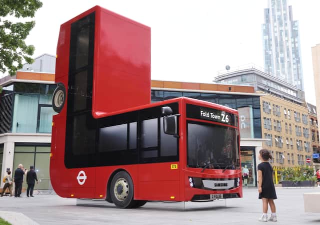 A folded London bus is unveiled at Bishops Square to celebrate the launch of Samsung's Galaxy Z series.
