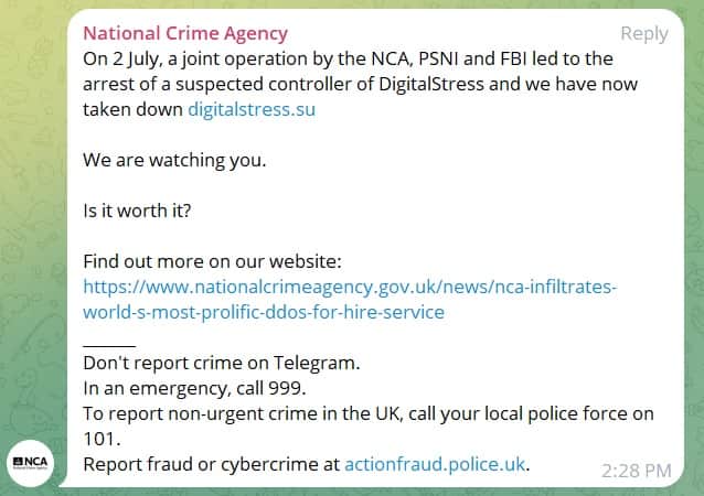 Message sent by NCA to digitalstress.su users. Photo: NCA