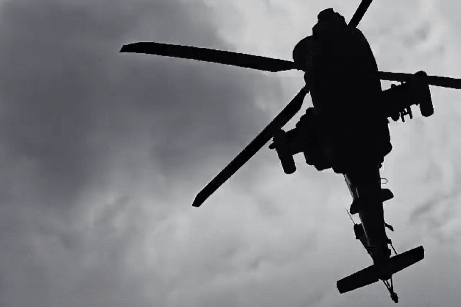 A fearsome Apache gunship was filmed on a low pass over Grindleford.