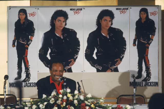 Quincy Jones, producer of Michael Jackson's new album 'Bad', attends a press conference, 1987.
