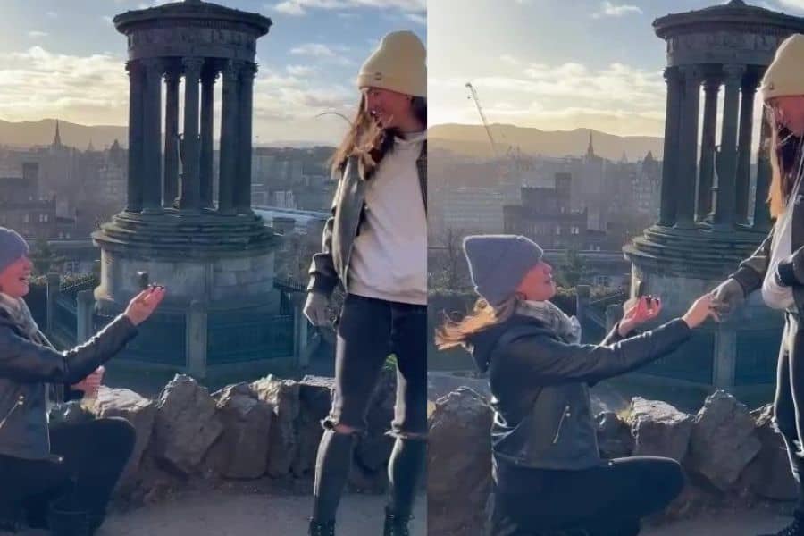 Heart-warming moment couple surprise each other during proposal.