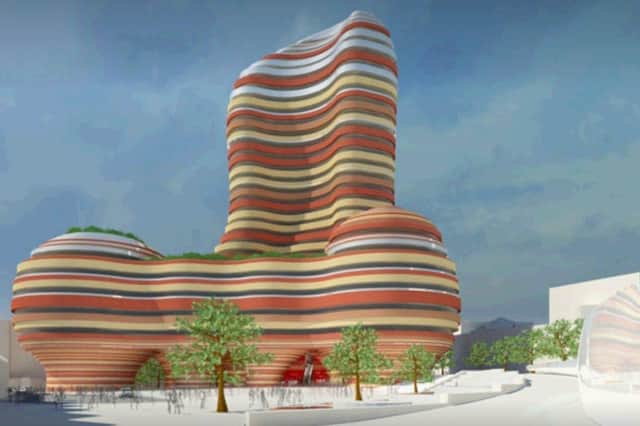 The two-acre plot outside Sheffield railway station has been empty for about 20 years. This unique building was proposed for the site by Sheffield developers Scarborough Group.