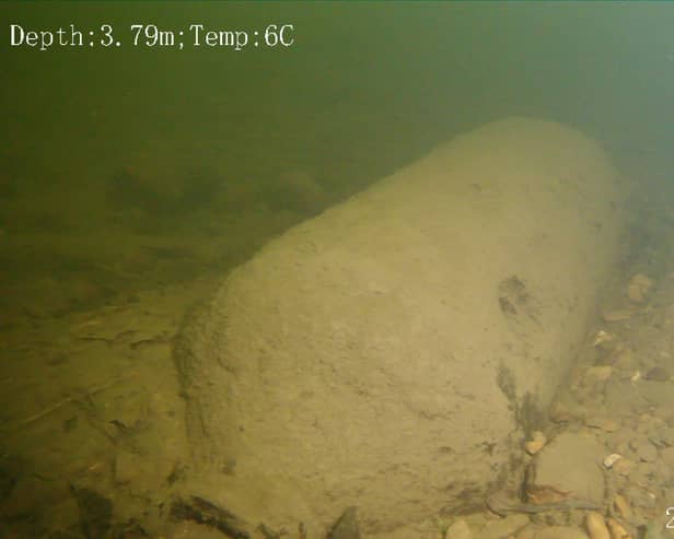 The WW2 bomb found by Adam Makewell and his son Cameron Makewell in the River Ure in Yorkshire.