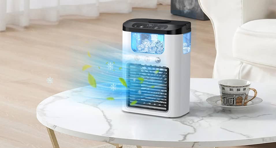 The cooling unit sprays a mist towards you, giving you relief from the heat