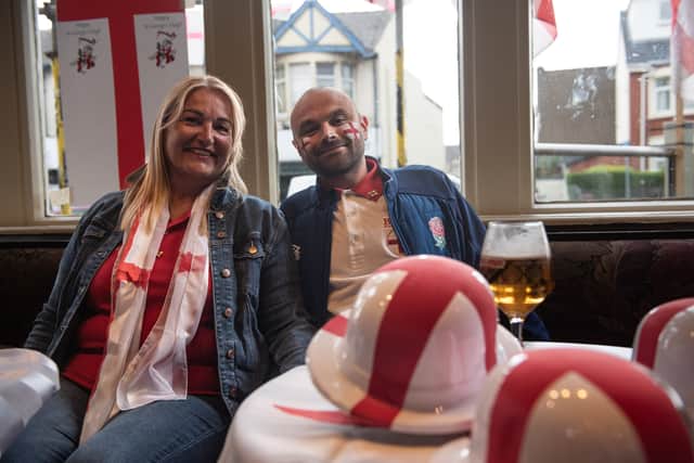 Customers celebrate St Georges Day in Bloomfield Brewhouse, Blackpool