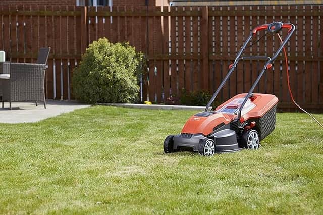 A mains-powered Flymo mower with a 36cm cutting width and 40L grass box