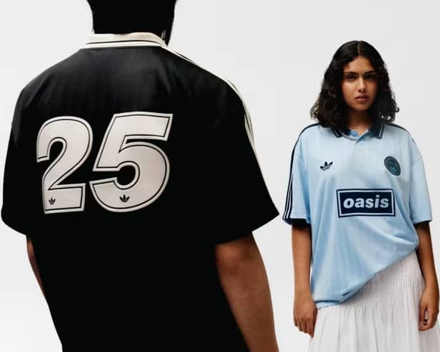 Key looks from the Oasis x Adidas collab include retro football styling and bold anniversary branding.