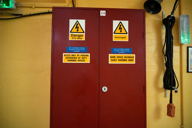The door to the Home Office early warning siren controls inside the former FAF Hack Green secret nuclear bunker in Nantwich, Cheshire