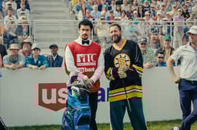 Bad Bunny (L) and Adam Sandler (R) in Happy Gilmore 2