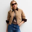 New season drop in New Look: Tan Contrast Collar Cropped Barn Jacket is the perfect summer to autumn staple