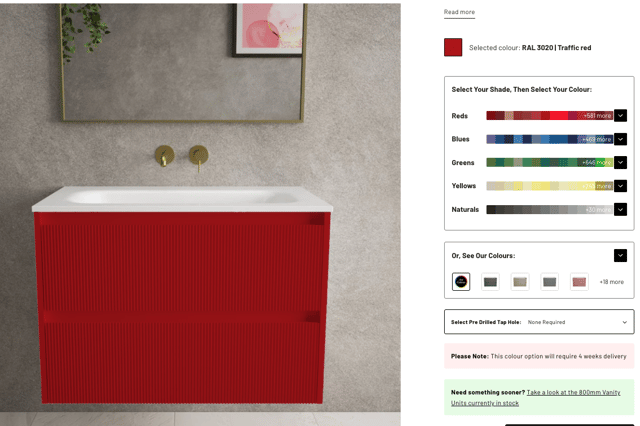 A screenshot from 34 St John’s website showing the Scanalato vanity in Traffic Red — with more than 2,000 other colour options just a click away.