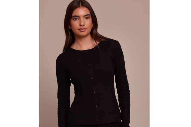 Black Pointelle Button-Up Long Sleeve Top