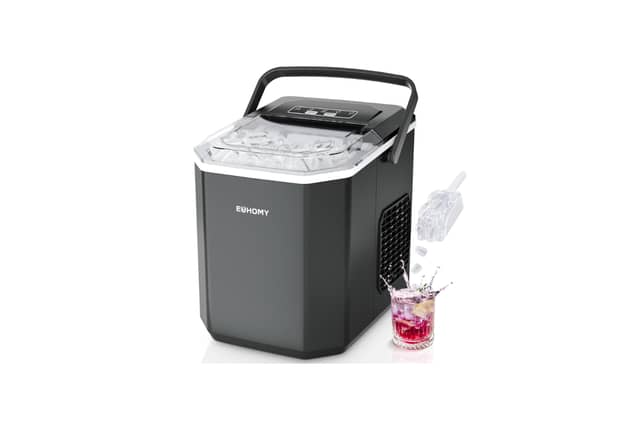 The EUHOMY countertop ice maker can quickly produce bullet-shaped ice cubes for cold drinks at home