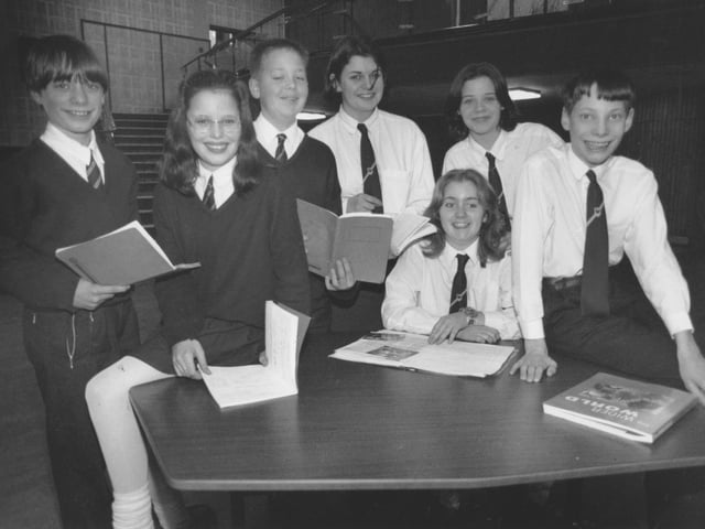 The editorial team at Graham School in March 1997. From left, Ashley Edwards, Jenny Robshaw, Jamie Davies, Kelly Andrews, Emma Fitt, seated, Lois Hurst, and Gregory Clark.
