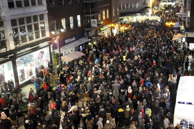 Crowds in the street for the light switch on in 2015. Picture by Richard Ponter