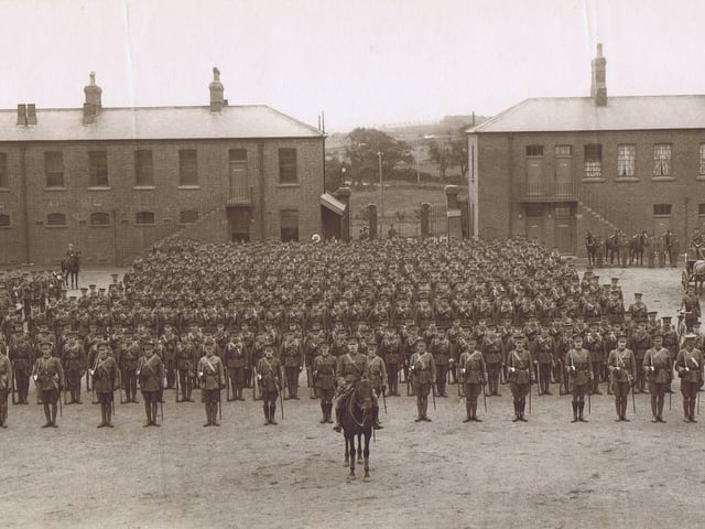 2nd Battalion, Alexandra, Princess of Wales's Own Yorkshire Regiment, on parade at Burniston Barracks, Scarborough, on their return to England from South Africa, July 1909