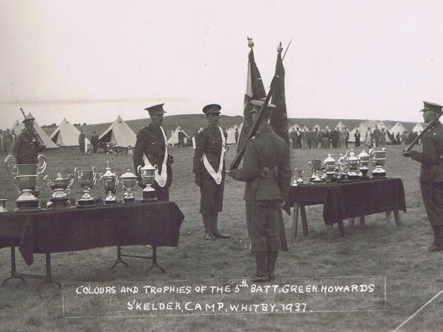 Colours and trophies of the 5th Battalion, at Skelder Camp, Whitby, 1937
