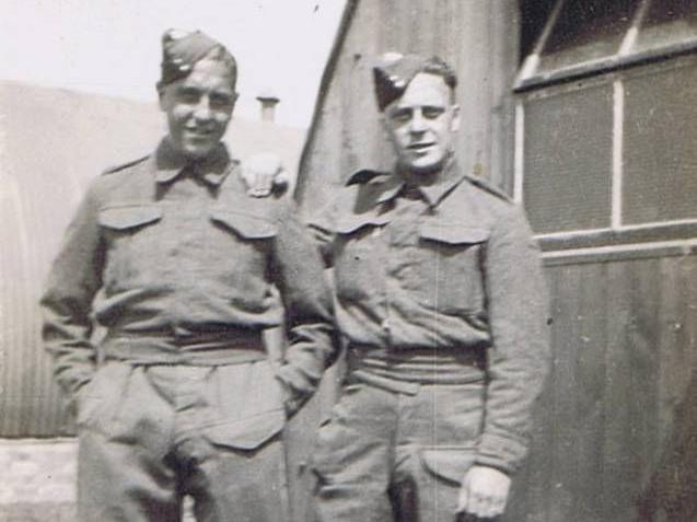 Likely of 4622088 Cpl Norman Brayshaw (right) and another soldier while serving with the Duke of Wellington's Regiment, handwritten note on reverse: 'Rudston near Bridlington, 1940'