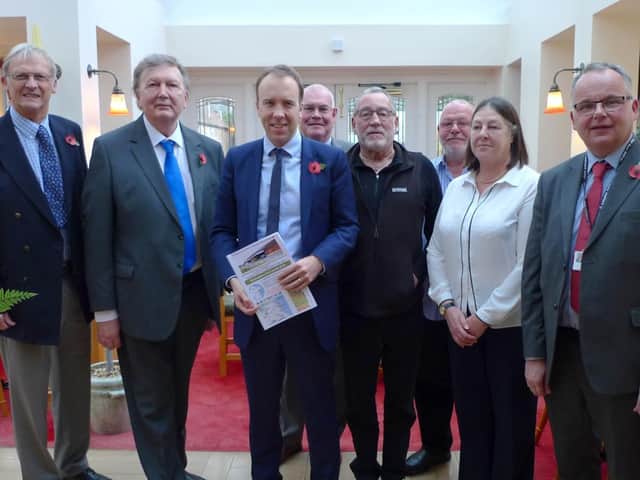 L-R: Cllr Chris Matthews, Sir Greg Knight, Minister Matt Hancock, Cllr Jonathan Owen, campaigners Simon Barugh, SImon Tory, Ms Jane Tye and Cllr Richard Burton
