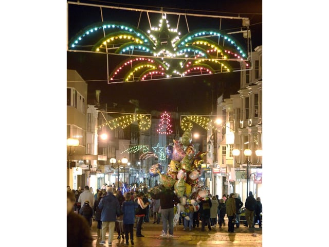 Town centre sparkles at night.