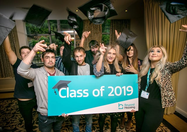 Beyond Housing apprentices celebrate at the Raithwaite Estate graduation ceremony. Photo submitted
