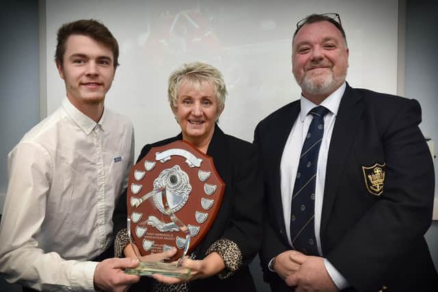 The Tony Hornigold Endeavour award winner Jack Gardner, with Anne Hornigold and Martin Willis. 195011b