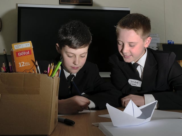 Students Max and Jordan work on their lesson plan, 1950140f.