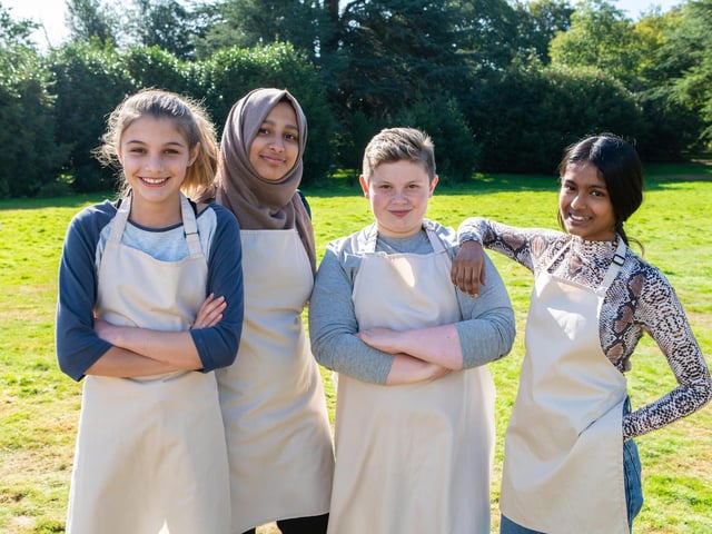 The finalists take a break outside the tent, from left, Eliza, Aleena, Fin, Amal.