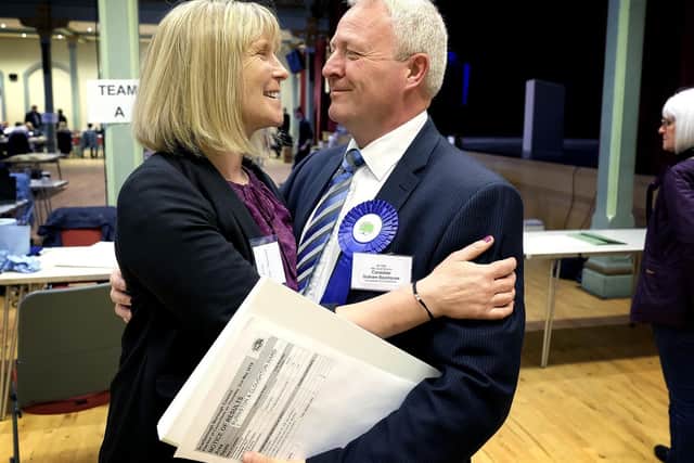 Cllr Backhouse is congratulated by wife Sue at the local election count at the Scarborough Spa earlier this year. Picture by Richard Ponter