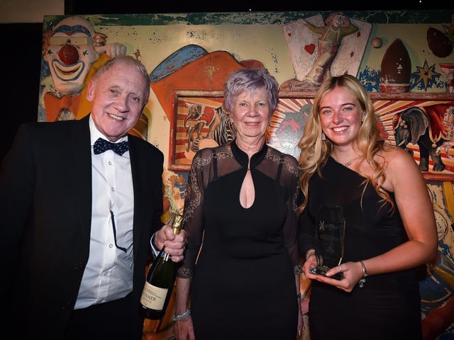 Harry Gration, Chris McMahon from YH Training and winner Olivia Hall from Yorkshire Coast Football Academy.