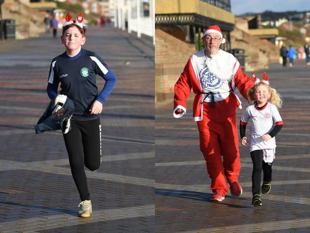 Left, Nathan Brown, the first runner home in the juniors, and right, two more runners take part.