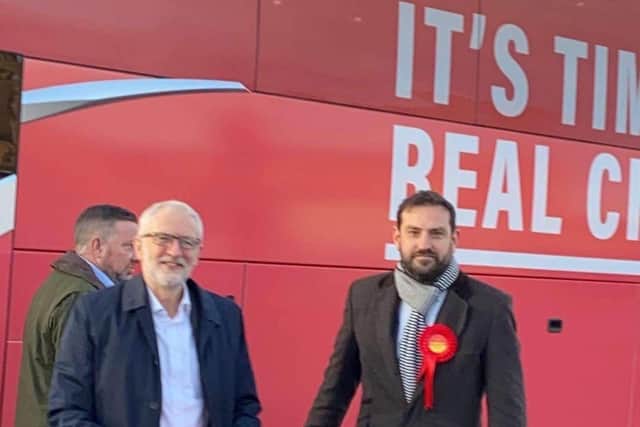 Jeremy Corbyn with local Labour candidate Hugo Fearnley.