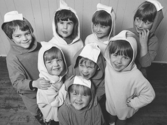 At the dress rehearsals for the YMCA show the junior jazz dancers, pictured, perform the Birdie dance. From left, back, Callum Malton, Sangita Emad, Lauren Sadler, Helen Fowler; middle, Charlotte Daniel, Darren Denton, Jordan Newlove; front Harriet Daniel. Photo taken in April 1994.