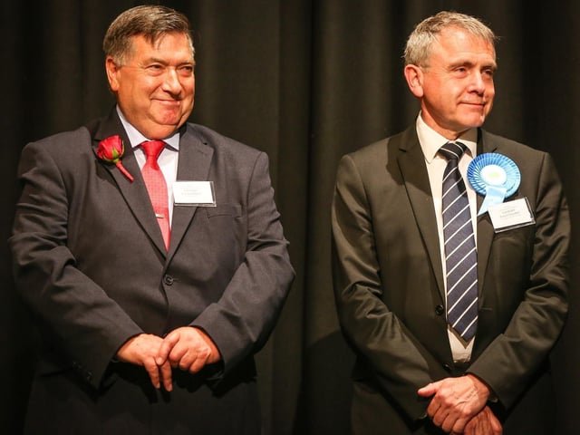 Labour's Eric Broadbent and Conservative Robert Goodwill on stage for the count results at Scarborough Spa. Mr Goodwill was elected MP for the fourth time.